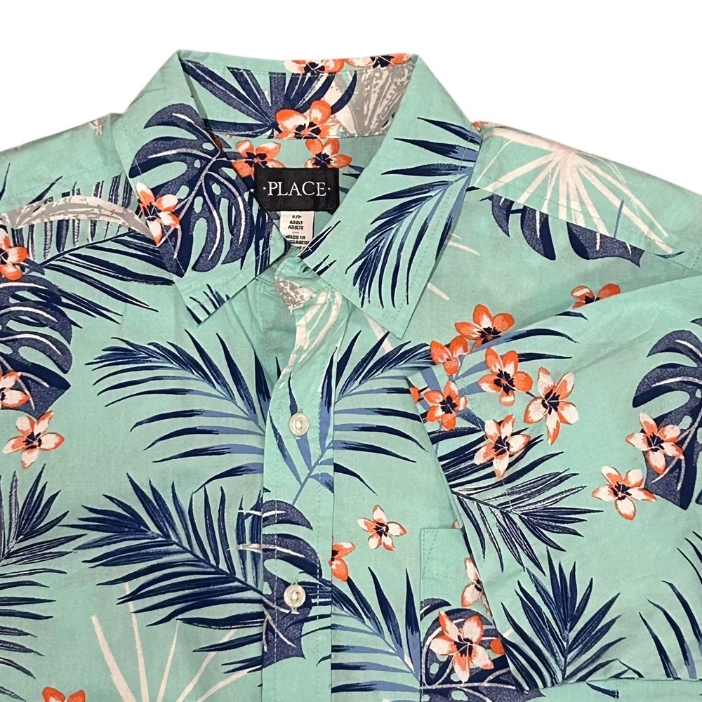 NWT Mens The Children's Place Hawaiian Mellow Aqua Tropical Floral Button Shirt